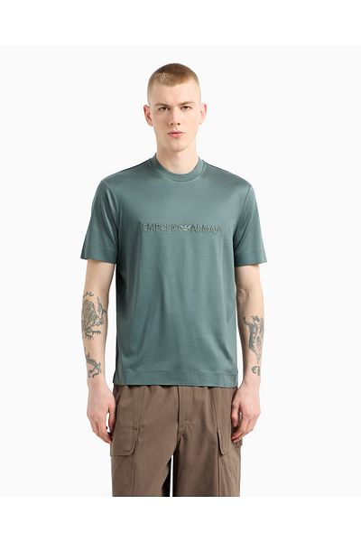Emporio Armani Tricou verde din bumbac cu mânecă scurtă, cu gât rotund, cu logo brodat pentru bărbați EM 001070   AF13747-U908