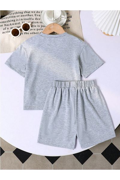 LOUİSA Girl's Gray Periodt Printed Combed Cotton Shorts T-Shirt Set