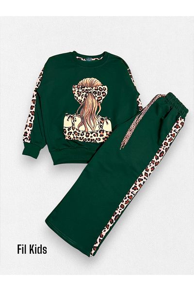 Fil Kids Girl's Long Sleeve Wide Leg Sweatpants Suit - Green Leopard Ribbon Pattern