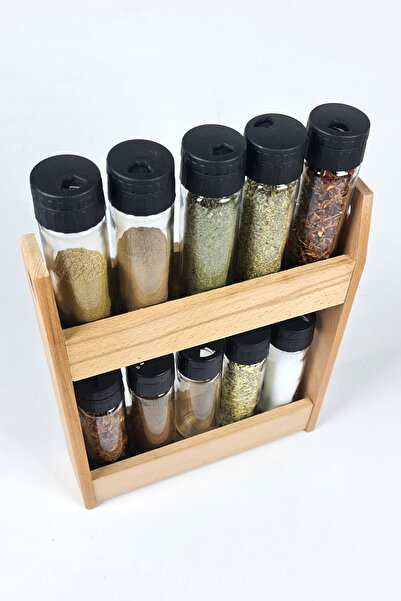 Binbirreyon Double Tiered Spice Rack with Wooden Stand 10 Jars Countertop 24cm Ra428