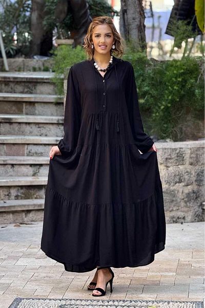 Nevin Kaya Moda Rochie neagră cu volan 100% bumbac