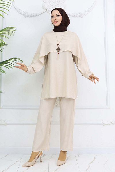 benguen Collar Detailed Hijab Suit with Necklace Stone Color