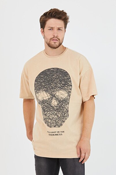 Polo State Men's Piece Paint Printed Oversize Basic T-Shirt Beige