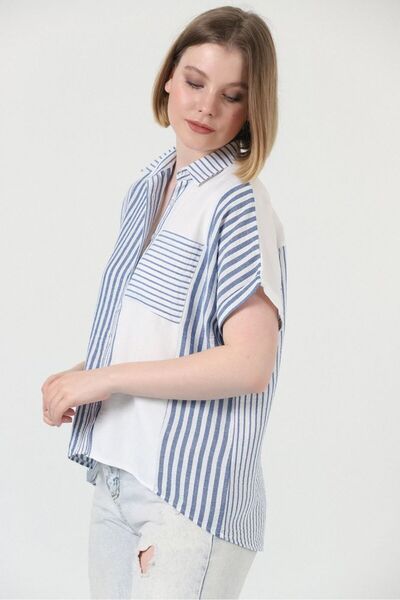 SUN STYLE Cămașă cu mânecă scurtă cu dungi albastre din in 100%.