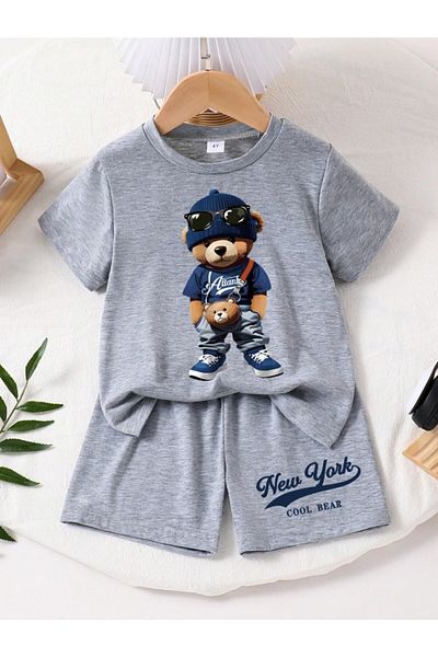 MORNİNG KİDS Boy-Girl Newyork Cool Bear Printed Combed Cotton Shorts T-Shirt Set