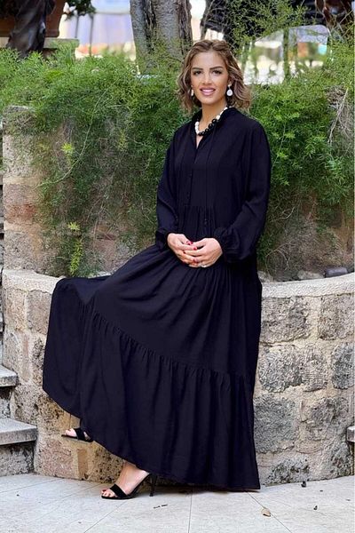 Nevin Kaya Moda Rochie neagră cu volan 100% bumbac