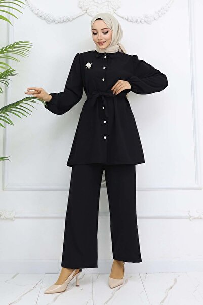 benguen Inci̇ Brooch Belted Double Suit-Black
