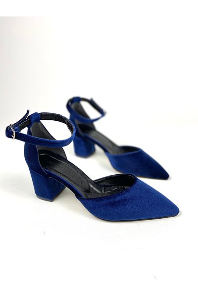 Gloriys Ayakkabı & Çanta Pantofi cu toc gros de 6 cm din catifea albastru noapte 01403