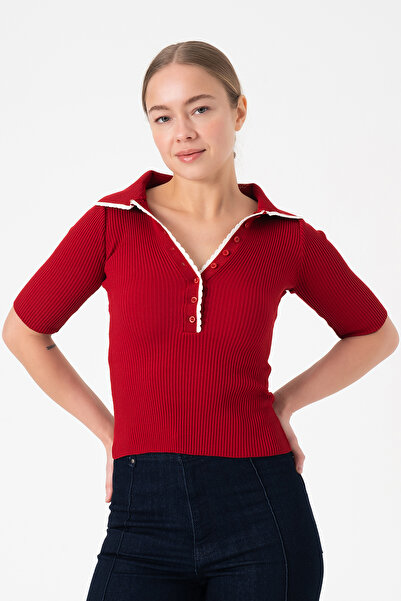 Merry Rise Polo Neck Short Sleeve Red Knitwear T-Shirt