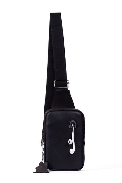 Newish Men's Genuine Leather Crossbody Shoulder Bag with Phone Compartment and Headphone Output Black (DAILY USEFUL)