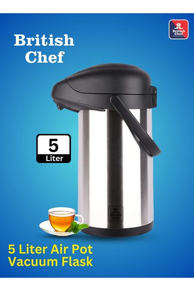 British Chef 5L Hot & Cold Airpot Thermos, Stainless Steel, 360° Base, Safety Lock