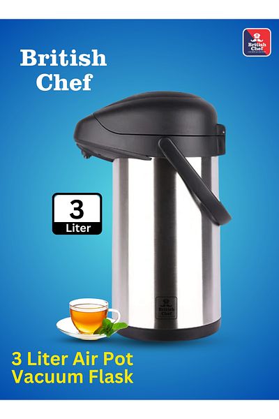 British Chef ترمس حراري ساخن وبارد سعة 3 لتر، مصنوع من الفولاذ المقاوم للصدأ، قاعدة دوارة 360 درجة، مع قفل أمان