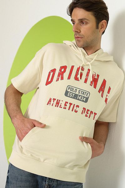 Polo State Printed Oversize Hooded Men's T-shirt Ecru