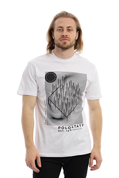 Polo State تيشيرت رجالي من بولو ستيت بياقة دائرية ومطبوع باللون الأبيض