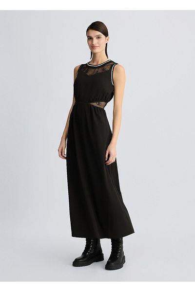 Liu Jo Women's Waist and Collar Logo Patterned Tulle Detailed Regular Fit Sleeveless Black Dress Ta5202Ts922-22222