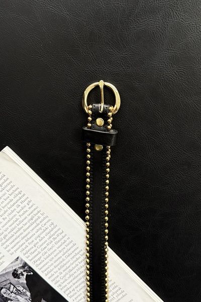 LEONAS Curea de damă cu mini cataramă brodata cu metal negru