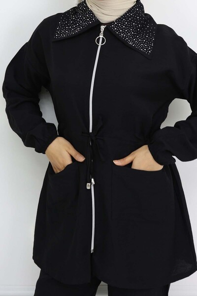 benguen Hijab Suit with Stone Detailed Collar Black 4727