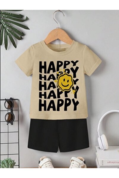 MORNİNG KİDS Комплект тениска с бежово-черен принт за момче и момиче - HAPPY