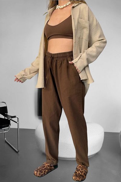 BİRBEYSTORE Λινό παντελόνι Hambez Bottom Sweatpants Comfortable Fit Plus Size Raw ύφασμα Unisex Χαλαρό