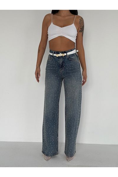 Fiori Pantaloni din denim cu piatră cu picioare largi