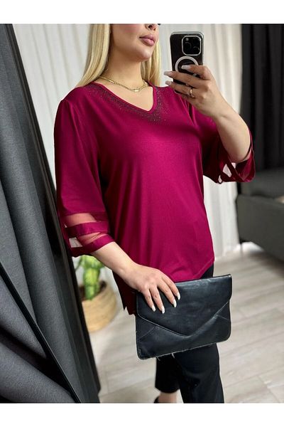 MODA Women's Plus Size Collar Stone Sleeves Tulle Detail Flexible Viscos Tunic