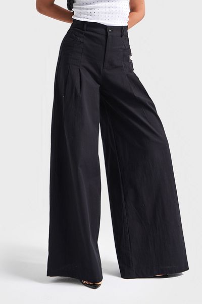 its basic Women's Black Color Stretch Linen Fabric Palazzo Fit Design Trousers