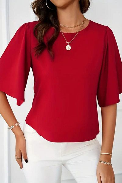Mossta Round Neck Wide Sleeve Sandy Blouse Red