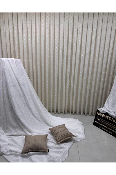 NİVEMESHOME Florida Linen Look Champagne Color Bohemian Style Pompom 1/3 Dense Pleated Tulle Curtain