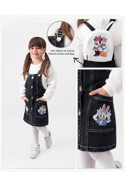 Pasur Bebe Girl's Black Denim Mikie Mouse Gilet Dress with Bag