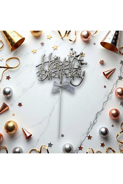 parti sürprizi Starry Silver Happy Birthday Bow Cake Topper