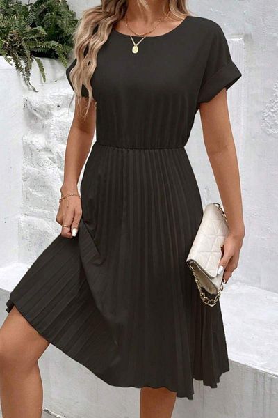 Mossta Elastic Waist Pleated Black Creative Short Crepe Dress