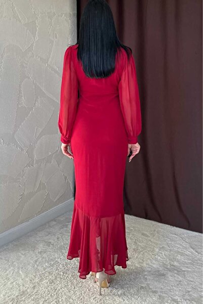 MODA DURAĞI şifon draeli yırtmaçlı dik yakalı elbise