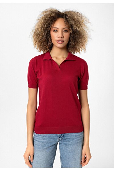 Williot Γυναικείο κόκκινο λεπτό βασικό κοντομάνικο μπλουζάκι πλεκτό με γιακά ...