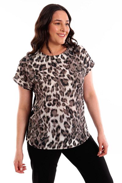 Metpoint Trend42Plus Large Size Leopard Print Low Sleeve Black Blouse
