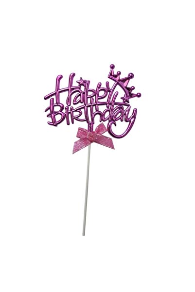 parti sürprizi Yıldızlı Pembe Happy Birthday Fiyonklu Pasta Süsü