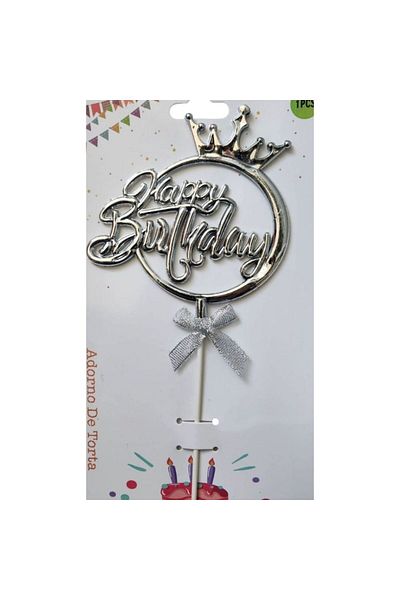 parti sürprizi Crowned Silver Happy Birthday Bow Cake Topper