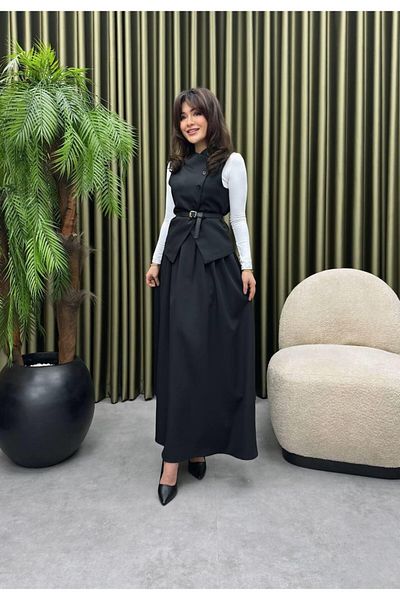 Cardella Double Fabric Belt Detailed Vest Skirt Double Suit Hijab Matching Vest Suit Skirt Suit