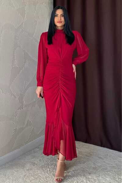 MODA DURAĞI şifon draeli yırtmaçlı dik yakalı elbise