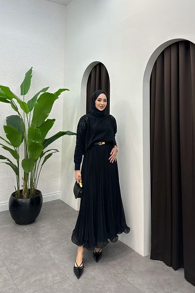 Rimel Moda Pleated Chiffon Skirt Black