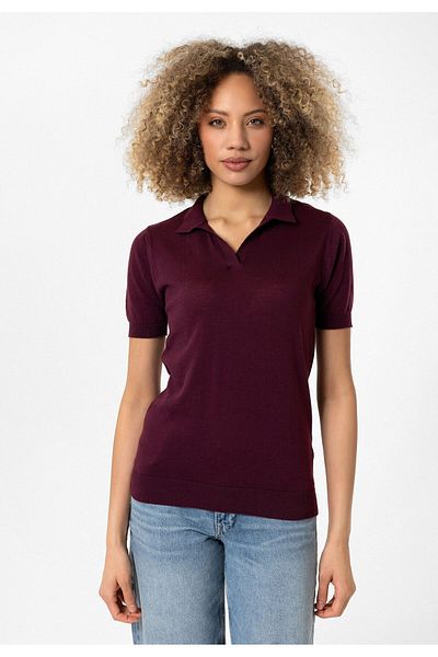 Williot Women's Lilac Thin Basic Short Sleeve Buttonless Polo Neck Knitwear T-Shirt