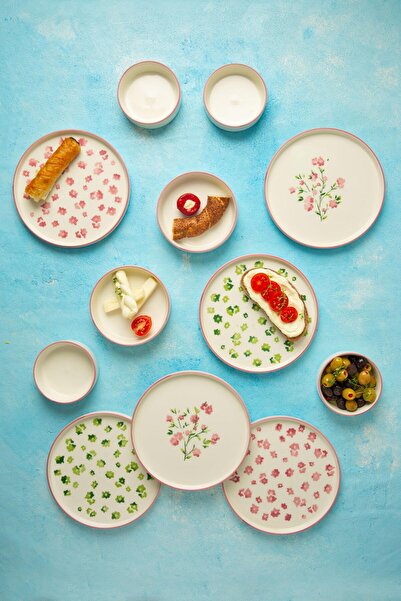 Kevin Seramik 14-Piece 6-Person Berthe Floral Designed Stackable Breakfast Set & Breakfast Set