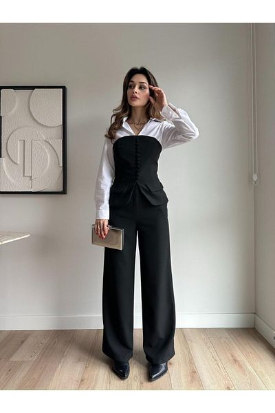 Rabia Çelik Women's Black Front Buttoned Back Zipper Strapless Bustier Pants 2 Piece Suit