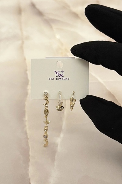 PRVT 18K Altın Kaplama Kuyum İşçiliğinde Ay Ve Yıldız VIP Üçlü YSX Küpe Set