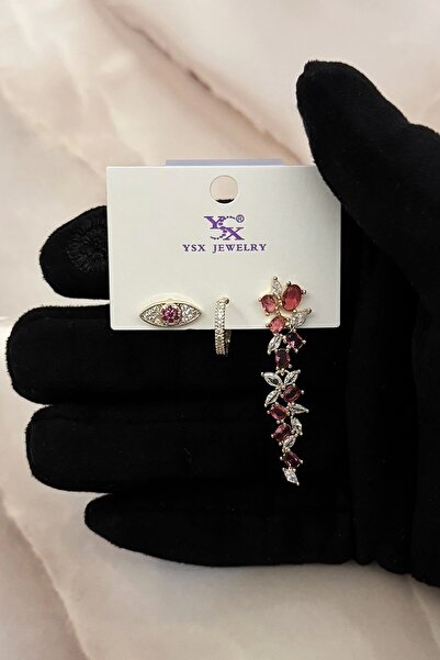 PRVT 18K Altın Kaplama Kuyum İşçiliğinde Pembe Taşlı Üçlü YSX Küpe Set