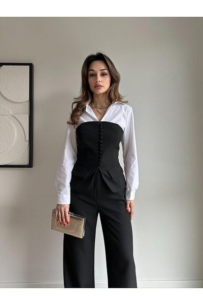 Rabia Çelik Women's Black Front Buttoned Back Zipper Strapless Bustier Pants 2 Piece Suit