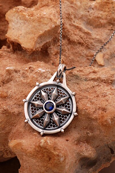 Sümer Telkari Safir Taşlı Antik Tasarım Pusula Gümüş Kolye 7943