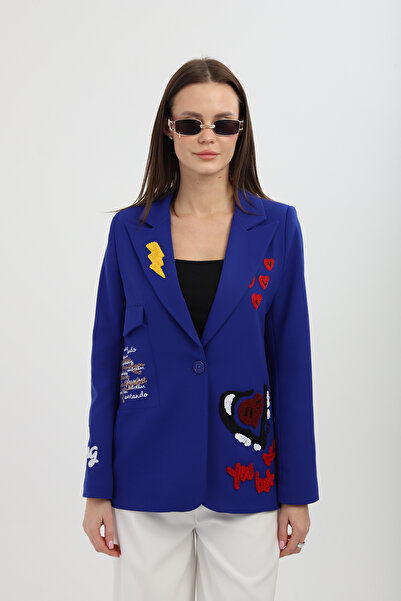 Milamia Nakışlı Saks Blazer Ceket