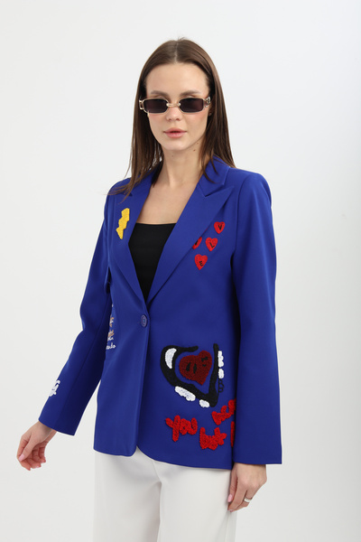 Milamia Nakışlı Saks Blazer Ceket
