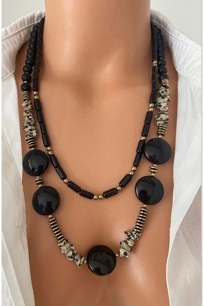 TARZ-I TAKI (Two) Natural Stone Black Cylinder Onyx Grey Jasper & Rod Onyx Hematite Design Women's Necklace