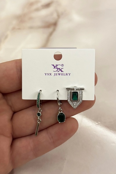 PRVT 18K Altın Kaplama Zümrüt Detaylı VIP Üçlü YSX Küpe Set